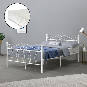 Metallbett Apolda 140x200 cm Jugendbett mit Kaltschaummatratze bis 300kg Weiß en.casa