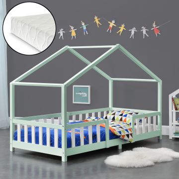 Kinderbett Treviolo 90x200 cm mit Kaltschaummatratze und Gitter Mint/Weiß [en.casa]
