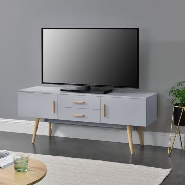 Fernsehtisch Alavus 140x40x56 cm mit 2 Schranktüren und Schubladen Lichtgrau en.casa
