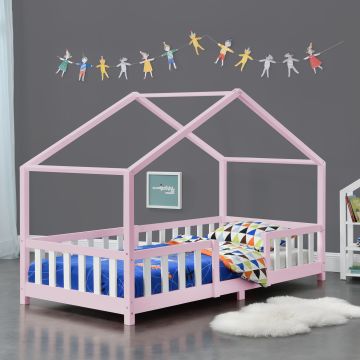 Kinderbett Treviolo 90x200 cm mit Lattenrost + Gitter Holz Rosa/Weiß [en.casa]