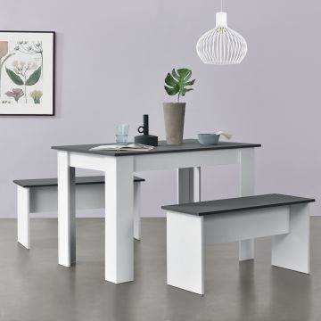 Tisch- und Bank Set Hokksund 110x70 cm mit 2 Bänken Weiß/Grau en.casa