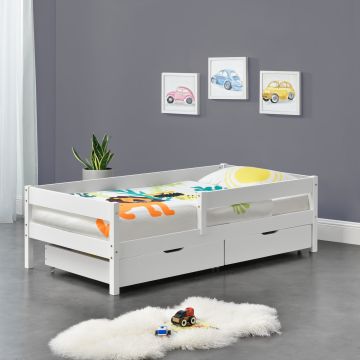 Kinderbett Borgarnes 90x200 cm mit Rausfallschutz und Schubladen Weiß [en.casa]