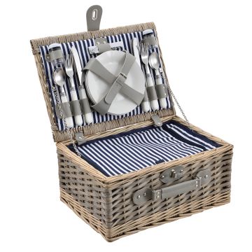 Picknickkorb mit Besteck-Set für 4 Personen Blau/Weiß casa.pro