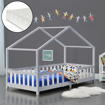 Kinderbett Treviolo 90x200 cm mit Kaltschaummatratze und Gitter Hellgrau/Weiß [en.casa]