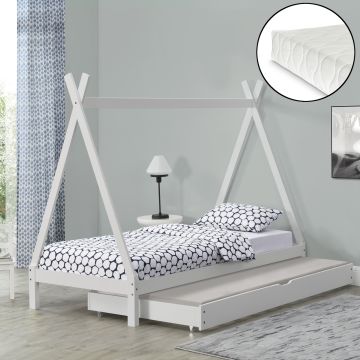 Kinderbett mit Ausziehbett Cree 90x200 cm Tipi mit Kaltschaummatratze Holz Weiß [en.casa]