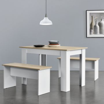 Tisch- und Bank Set Hokksund 110x70 cm mit 2 Bänken Weiß/Eiche en.casa